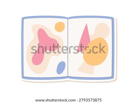 Cute flat book with abstract art. Open sketchbook shows childish picture and colorful sticker shapes on white paper. Simple album as playful drawing icon for children craft and school study