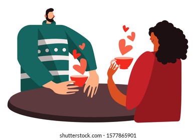 Cute flat bright illustration of cosy young couple of black skinned girlfriend and boyfriend in love drinking coffee. Celebration of St Valentine day