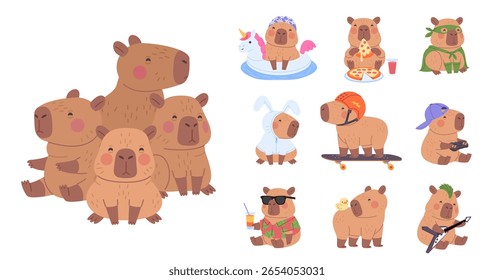 Conjunto de iconos de capibara plano lindo