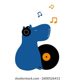 A cute flat capybara listens to music on a vinyl record with headphones. Vector illustration
