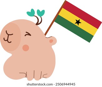 Cute flat Capybara Smiling holding Ghana flag