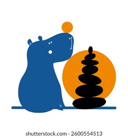 A cute flat capybara stacks stones under a sunset.Vector illustration