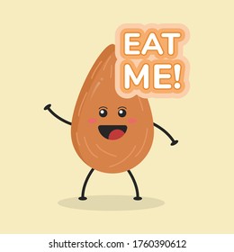 Cute Flat Cartoon Almond Illustration. Vector illustration of cute Almond with smilling expression. Cute Almond mascot design