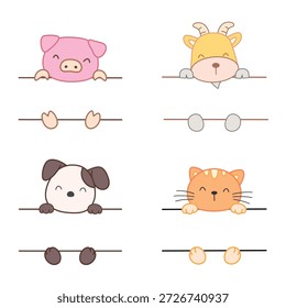 Cute flat cartoon animals peeking over a horizontal border. Includes pig, goat, dog, and cat characters with paws resting on a line.
