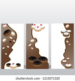 Cute flat cartoon  banners templates with many cinds of doughnuts  , donut tasty sweet jelly doughnut hanukkah symbol Raspberry Jelly , chocolate , white chocolate, dolce de leche