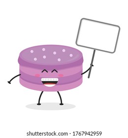 Cute flat cartoon birthday cake holding a sign illustration. Vector illustration of cute birthday cake with a smiling expression. Cute cake with a sign mascot design