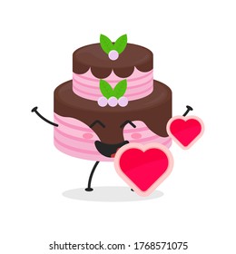 Cute flat cartoon birthday cake illustration. Vector illustration of cute birthday cake with a smiling expression. Cute cake mascot design