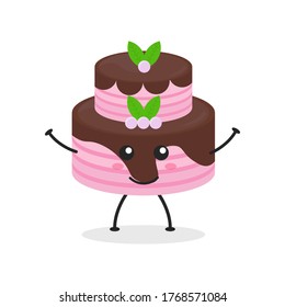 Cute flat cartoon birthday cake illustration. Vector illustration of cute birthday cake with a smiling expression. Cute cake mascot design