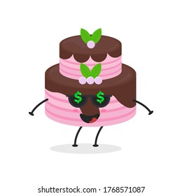 Cute flat cartoon birthday cake illustration. Vector illustration of cute birthday cake with a smiling expression. Cute cake mascot design