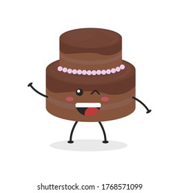 Cute flat cartoon birthday cake illustration. Vector illustration of cute birthday cake with a smiling expression. Cute cake mascot design