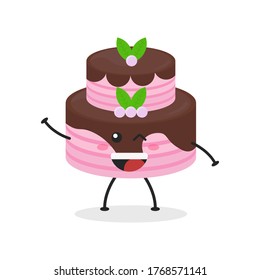 Cute flat cartoon birthday cake illustration. Vector illustration of cute birthday cake with a smiling expression. Cute cake mascot design