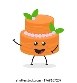 Dibujo de tarta de cumpleaños de caricatura plana. Ilustración vectorial de la tarta de cumpleaños linda con una expresión sonriente. Diseño de mascota de torta