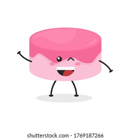 Cute flat cartoon birthday cake illustration. Vector illustration of cute birthday cake with a smiling expression. Cute cake mascot design