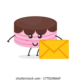 Cute flat cartoon birthday cake holding an envelope illustration. Vector illustration of cute birthday cake with a smiling expression. Cute cake with an envelope mascot design