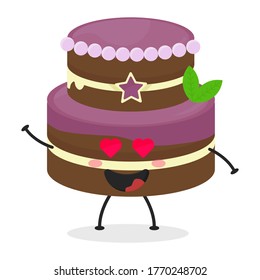 Cute flat cartoon birthday cake illustration. Vector illustration of cute birthday cake with a smiling expression. Cute cake mascot design