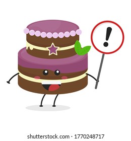 Cute flat cartoon birthday cake holding a sign illustration. Vector illustration of cute birthday cake with a smiling expression. Cute cake with a sign mascot design