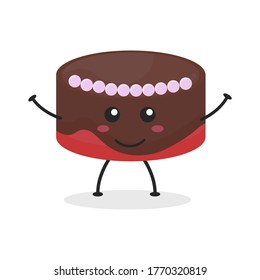 Cute flat cartoon birthday cake illustration. Vector illustration of cute birthday cake with a smiling expression. Cute cake mascot design