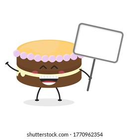 Cute flat cartoon birthday cake holding a sign illustration. Vector illustration of cute birthday cake with a smiling expression. Cute cake with a sign mascot design