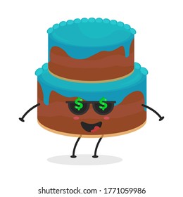 Cute flat cartoon birthday cake illustration. Vector illustration of cute birthday cake with a smiling expression. Cute cake mascot design