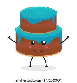 Dibujo de tarta de cumpleaños de caricatura plana. Ilustración vectorial de la tarta de cumpleaños linda con una expresión sonriente. Diseño de mascota de torta