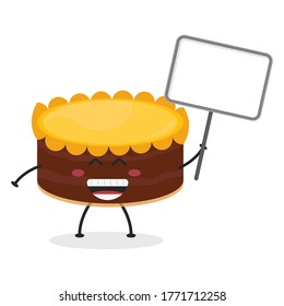 Cute flat cartoon birthday cake holding a sign illustration. Vector illustration of cute birthday cake with a smiling expression. Cute cake with a sign mascot design