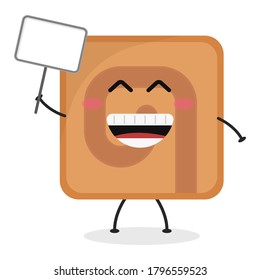 Cute flat cartoon biscuit holding a sign illustration. Vector illustration of cute biscuit with a smiling expression.