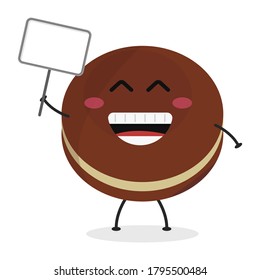 Cute flat cartoon biscuit illustration holding a sign. Vector illustration of cute biscuit with a smiling expression.