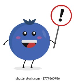 Cute flat cartoon blueberry holding a sign illustration. Vector illustration of cute blueberry with a smiling expression.