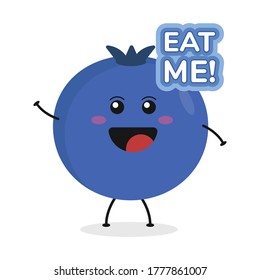 Cute flat cartoon blueberry illustration. Vector illustration of cute blueberry with a smiling expression.