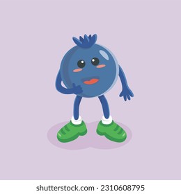 Cute flat cartoon blueberry vector illustration with smiling expression and wearing green shoes. Cute blueberry character. Vaccinium sect. Cyanococcus  