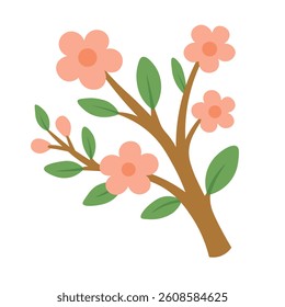 Cute flat cartoon branch with pink flowers and green leaves. Spring floral vector illustration.