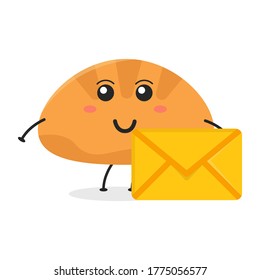 Cute flat cartoon bread illustration holding an envelope. Vector illustration of a bread cake with a smiling expression. Cute bread with an envelope mascot design
