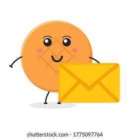 Cute flat cartoon bread illustration holding an envelope. Vector illustration of a bread cake with a smiling expression. Cute bread with an envelope mascot design
