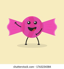 Cute Flat Cartoon Candy Illustration. Vector illustration of cute Candy with a smiling expression. Cute Candy mascot design