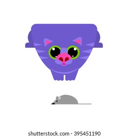 Cute flat cartoon cat looking at mouse. Big mustache whisker. Funny characters. Flat design. White background. Isolated. Vector illustration