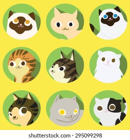 Cute Flat Cartoon Cats icon set Exotic cat, black cat, siamese cat, scottish fold cat, maine coon cat ,persian cat, american short hair, British Short hair, Japanese Bobtail 