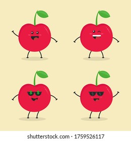 Cute Flat Cartoon Cherry Illustration. Vector illustration of cute Cherry with a smiling expression. Cute Cherry mascot design
