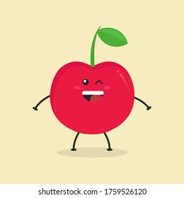 Cute Flat Cartoon Cherry Illustration. Vector illustration of cute Cherry with a smiling expression. Cute Cherry mascot design