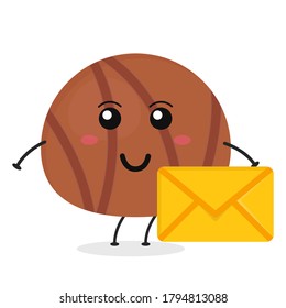 Cute flat cartoon chocolate ball holding an envelope illustration. Vector illustration of cute chocolate ball with a smiling expression.