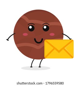 Cute bola de chocolate con dibujos animados planos sosteniendo una ilustración de sobre. Ilustración vectorial de una linda bola de chocolate con una expresión sonriente.