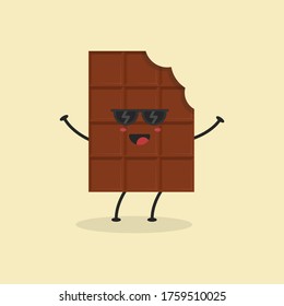 Ilustración de la barra de chocolate con dibujos planos. Ilustración vectorial de una linda barra de chocolate mordido con una expresión sonriente. Diseño de mascota de chocolate