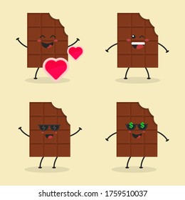 Ilustración de la barra de chocolate con dibujos planos. Ilustración vectorial de una linda barra de chocolate mordido con una expresión sonriente. Diseño de mascota de chocolate