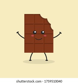 Ilustración de la barra de chocolate con dibujos planos. Ilustración vectorial de una linda barra de chocolate mordido con una expresión sonriente. Diseño de mascota de chocolate