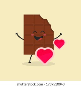 Ilustración de la barra de chocolate con dibujos planos. Ilustración vectorial de una linda barra de chocolate mordido con una expresión sonriente. Diseño de mascota de chocolate