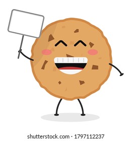 Cute flat cartoon chocolate cookies holding a sign illustration. Vector illustration of cute cookie with a smiling expression.