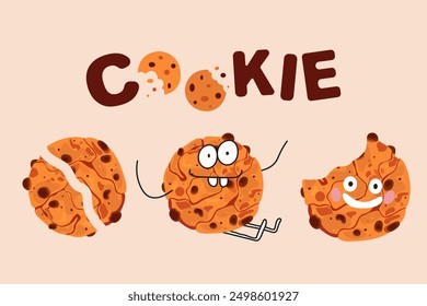 Cute flat cartoon chocolate cookies illustration. Cookies cute characters. Happy cookie day poster with inscription. Happy cookie day poster.