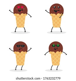 Cute Flat Cartoon Schokolade Eiscreme Illustration. Vektorgrafik süßer Schokoladencreme mit einem lächelnden Ausdruck. Cute-Ice-Creme-Design