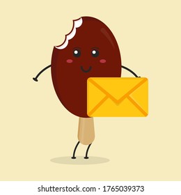 Cute Flat Cartoon Chocolate Ice Cream Holding Envelope Illustration. Vector illustration of cute ice cream with a smiling expression. Cute chocolate ice cream bring envelope mascot design