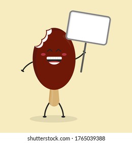 Cute Flat Cartoon Chocolate Ice Cream Holding Sign Illustration. Vector illustration of cute ice cream with a smiling expression. Cute chocolate ice cream holding sign mascot design