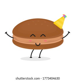 Dibujo de macarons de chocolate con dibujos animados planos. Ilustración vectorial de macarones lindos con una expresión sonriente. Diseño de mascota de macarón de choco lindo